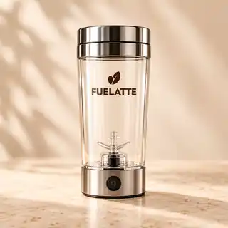 Standalone transparent FUELATTE electric mixer with brushed-metal lid and base
